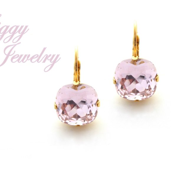 Light Rose Solitaire Cushion Cut Drop Crystal Earrings, Assorted Finishes - Picture 1 of 6